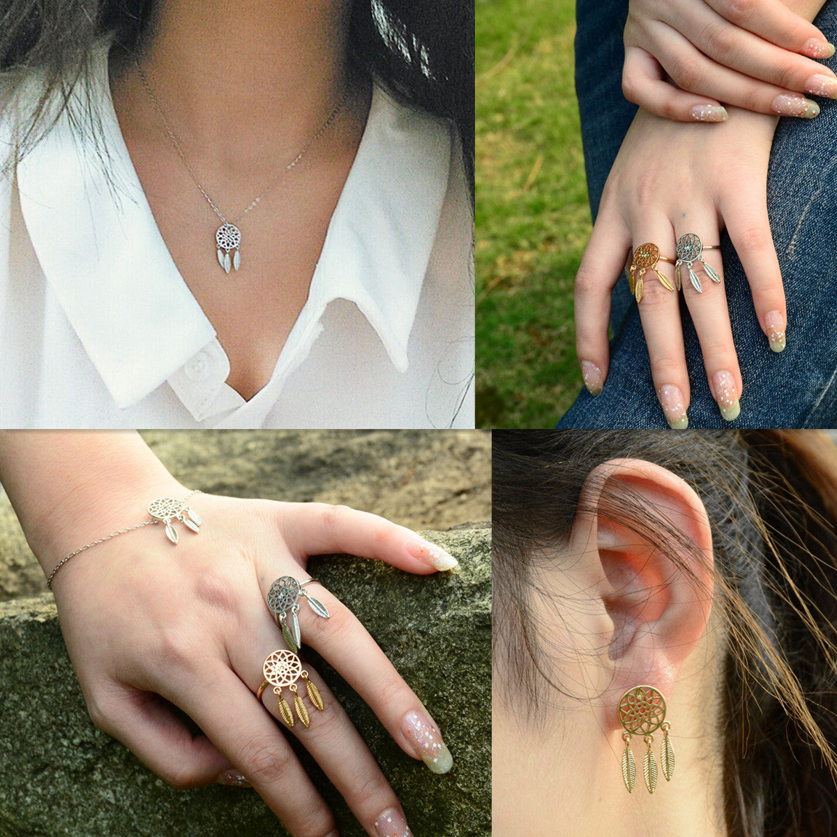 Dreamcatcher Hollow Out Feather Earring Ring Bracelet Necklace