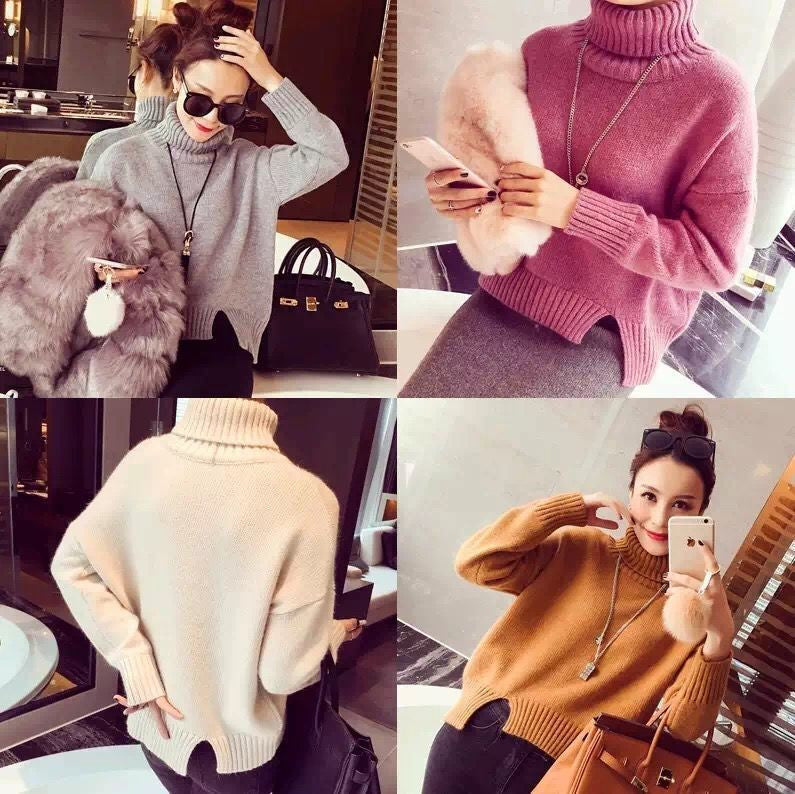 High Neck Solid Knit Pullover Short Split Sweater