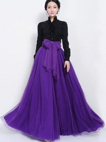 Pure Color Multi-Layer Mesh Long Skirt With Lace Belt