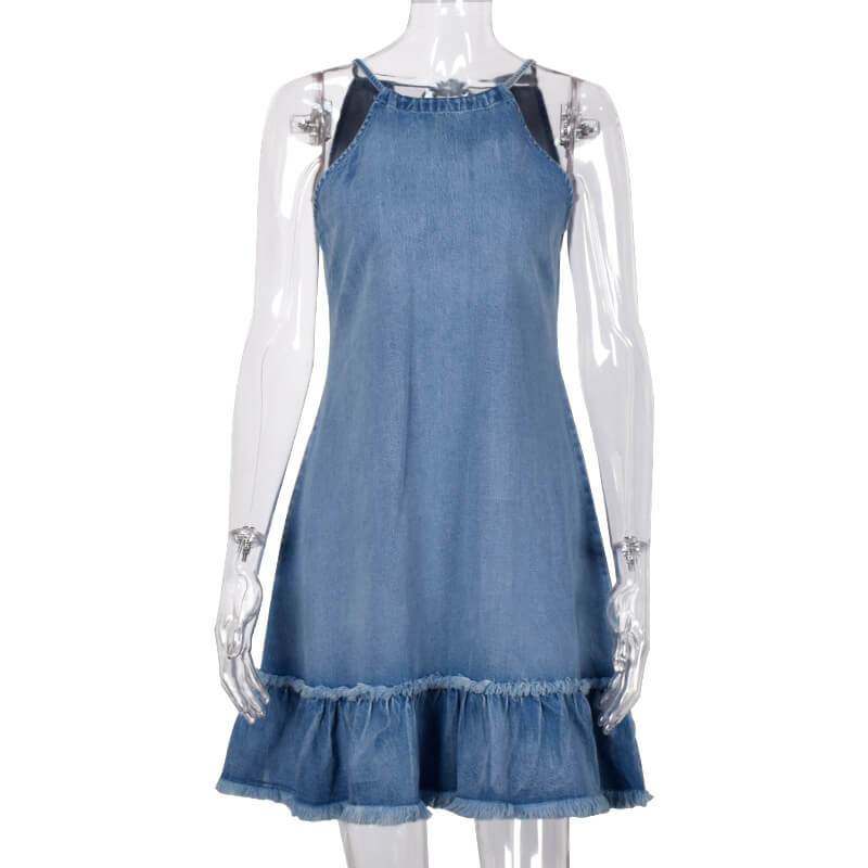 Ruffle Hem Sleeveless Denim Dress