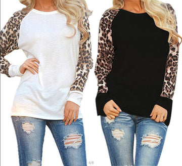 Scoop Long Sleeves Leopard Grain Loose Patchwork Blouse