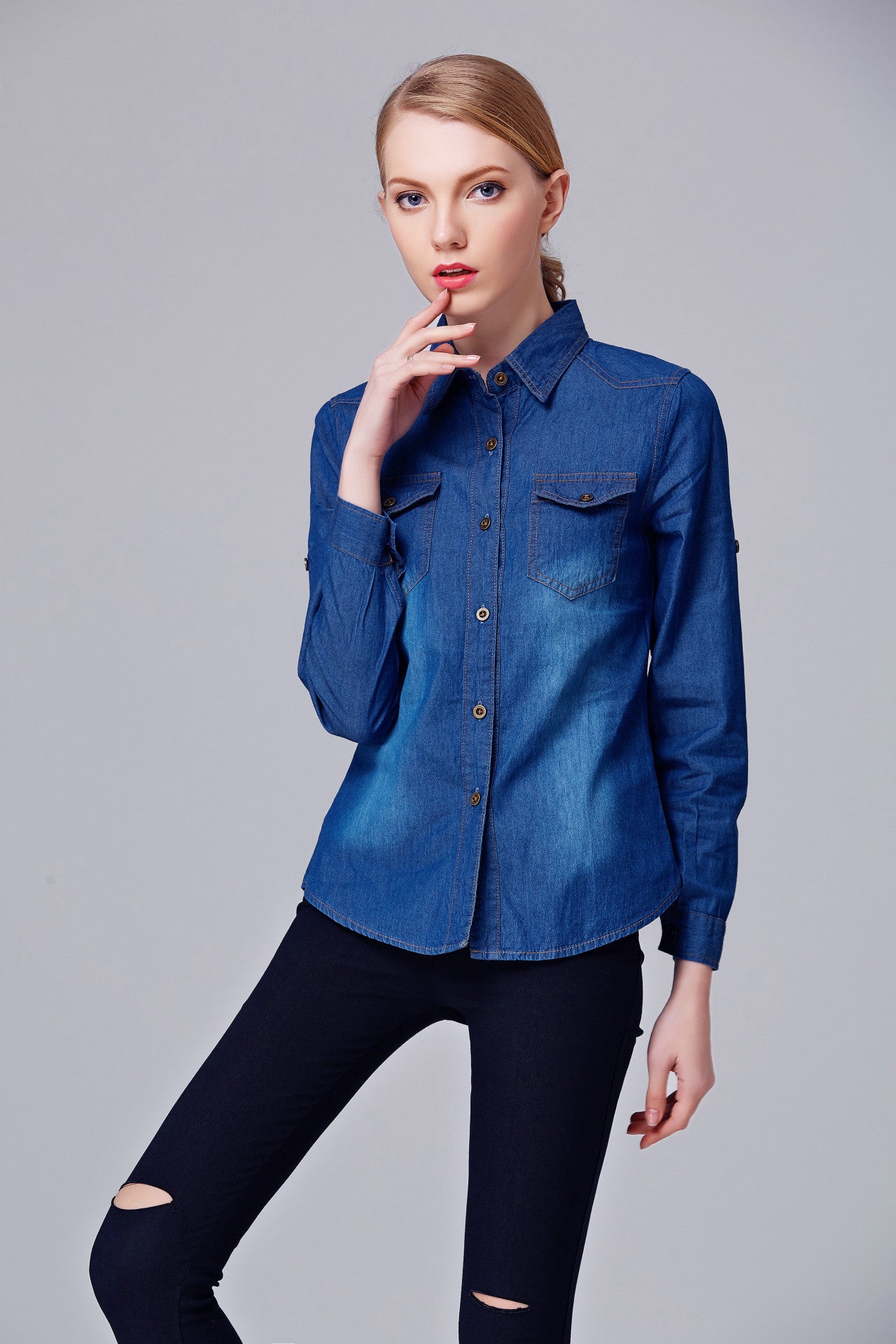 Fashion Denim Long Sleeves Turn-down Collar Slim Blouse