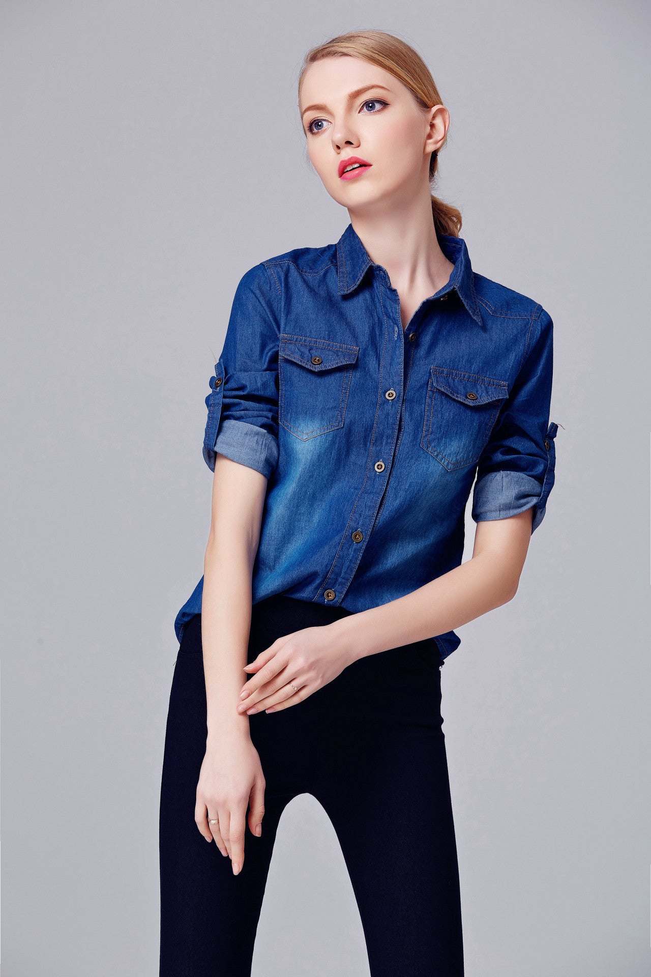 Fashion Denim Long Sleeves Turn-down Collar Slim Blouse