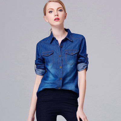 Fashion Denim Long Sleeves Turn-down Collar Slim Blouse