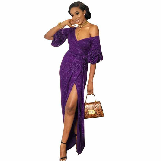 Sparkle V Neck Maxi Slits Dress