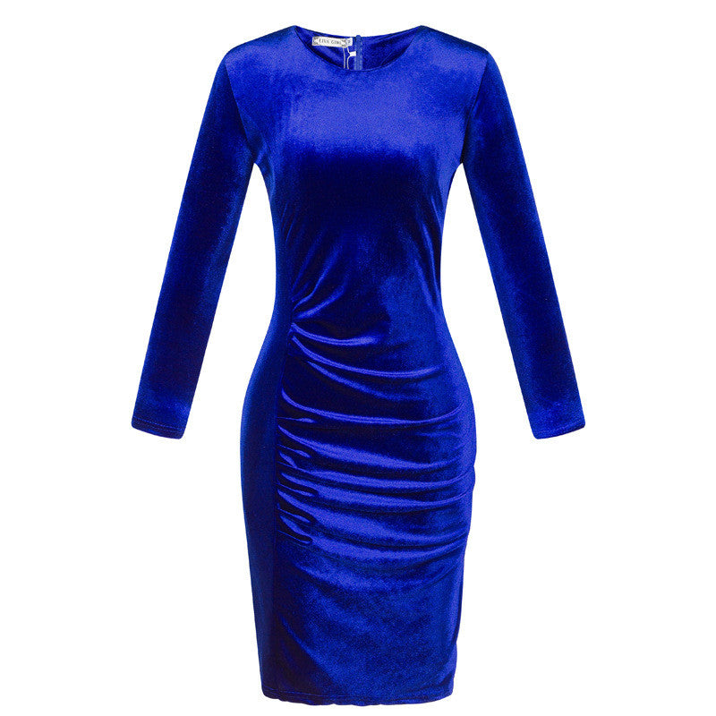 Korea Style Velvet Long Sleeve Drape Short Bodycon Dress