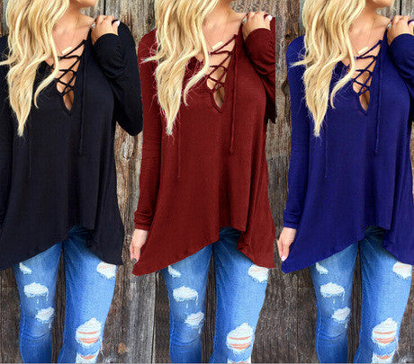 V Neck Cross Pure Color Hoodie Loose Blouse