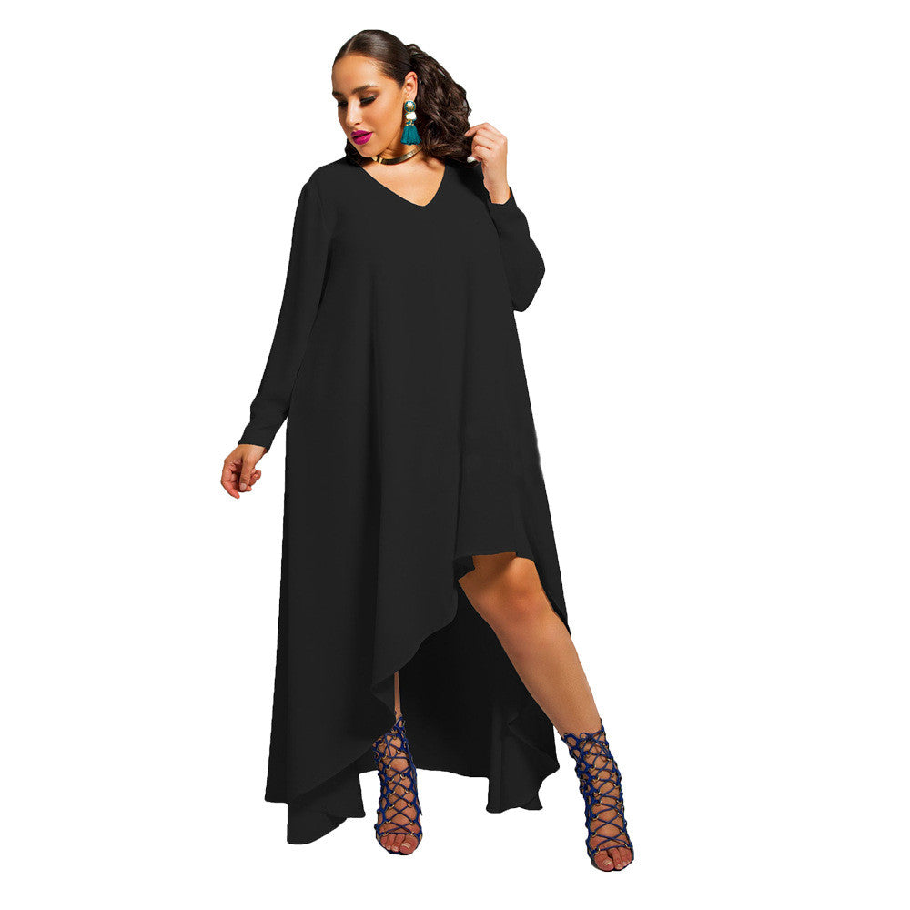 Sexy Plus Size V Neck Long Sleeve Irregular Long Dress