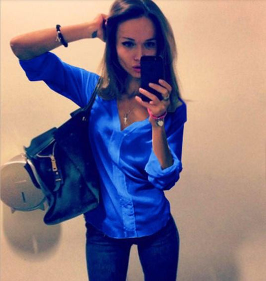 V-neck Long Sleeves Pure Color Slim Blouse Shirt