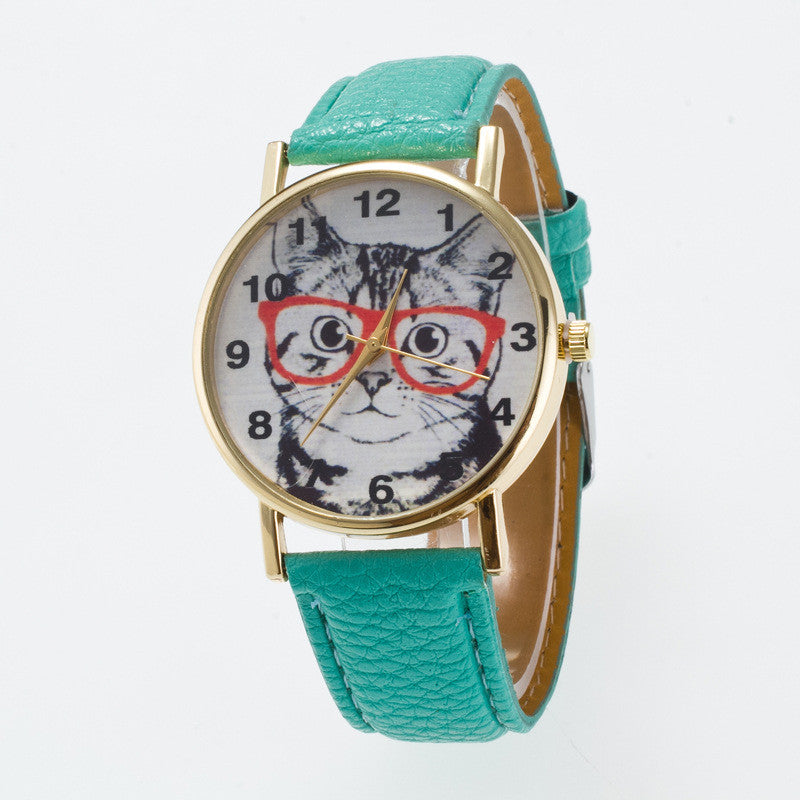 Glasses Cat Face Dial PU Watch