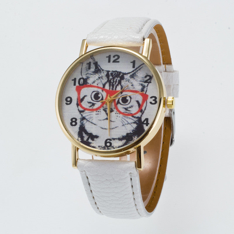 Glasses Cat Face Dial PU Watch