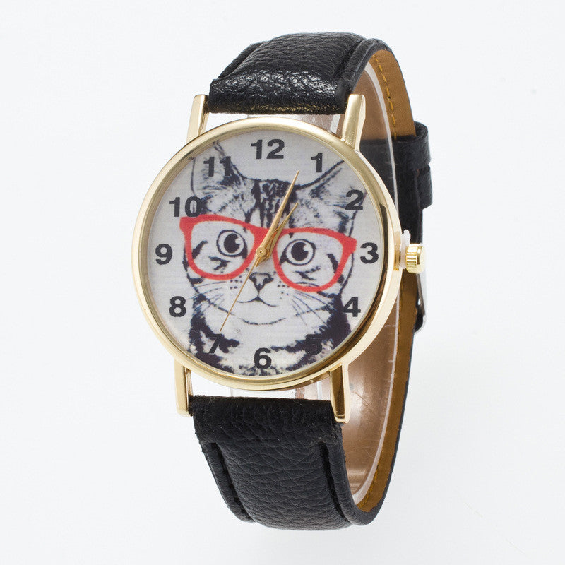 Glasses Cat Face Dial PU Watch