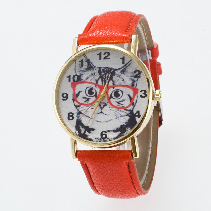 Glasses Cat Face Dial PU Watch