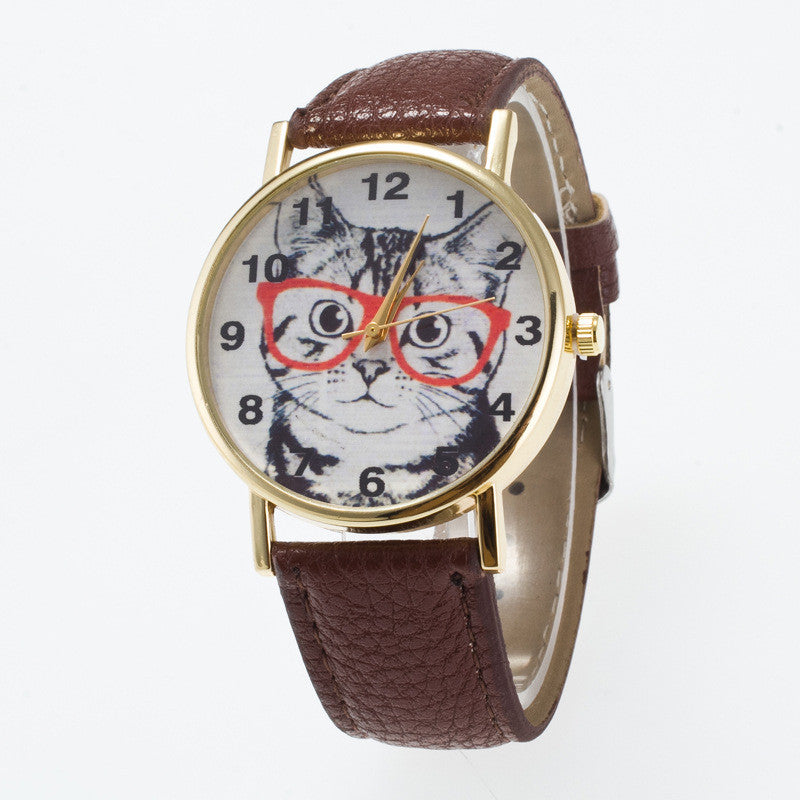 Glasses Cat Face Dial PU Watch