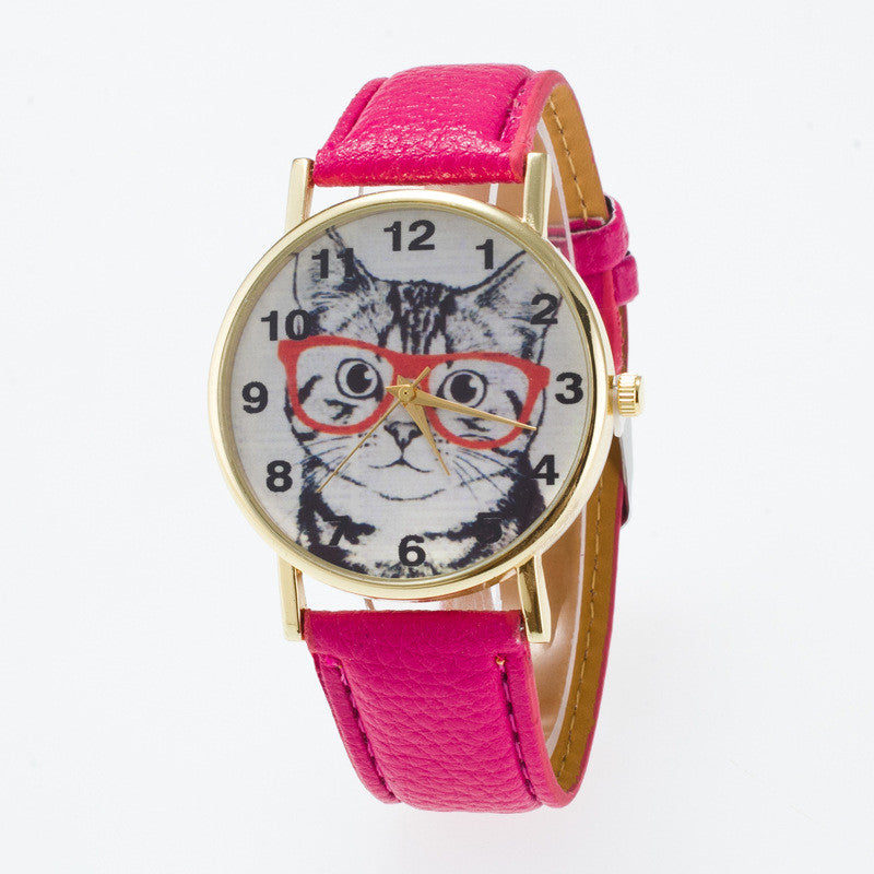 Glasses Cat Face Dial PU Watch