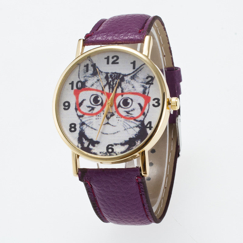 Glasses Cat Face Dial PU Watch