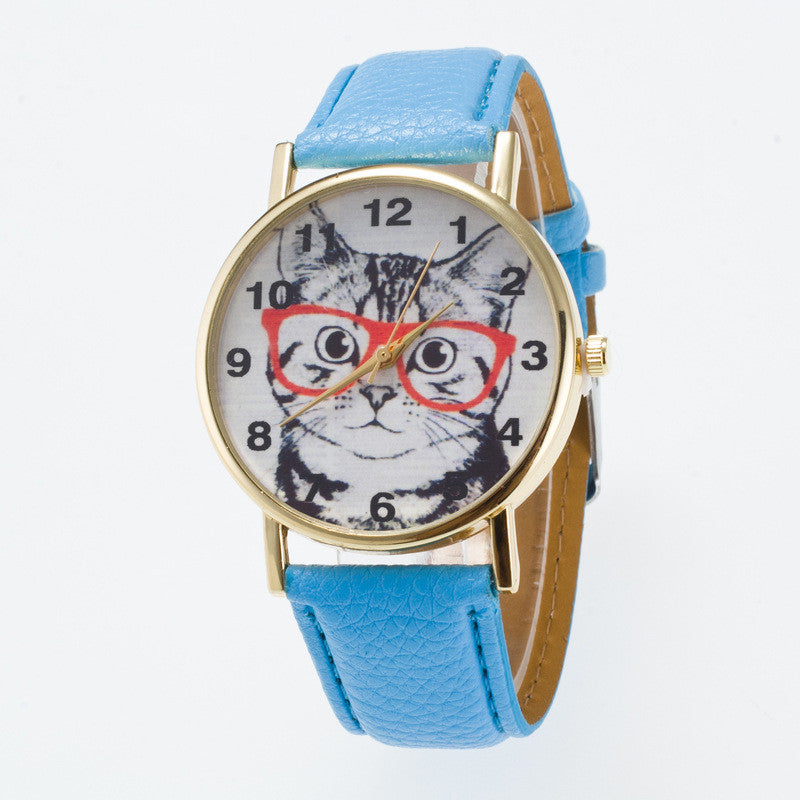 Glasses Cat Face Dial PU Watch