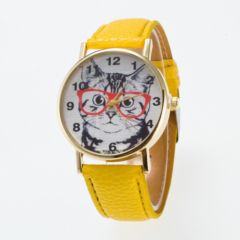 Glasses Cat Face Dial PU Watch