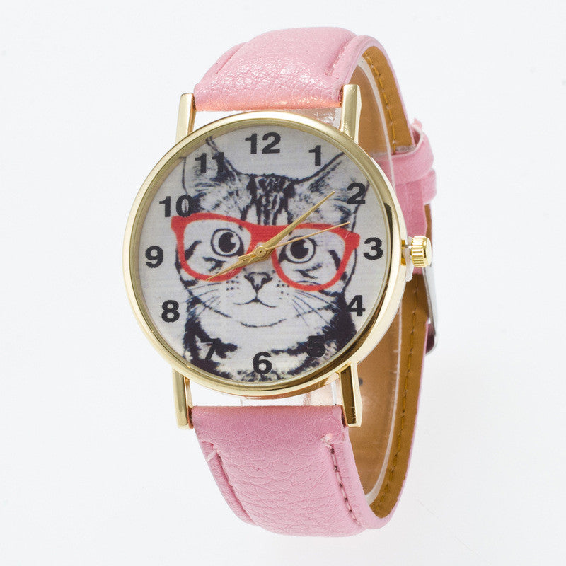 Glasses Cat Face Dial PU Watch