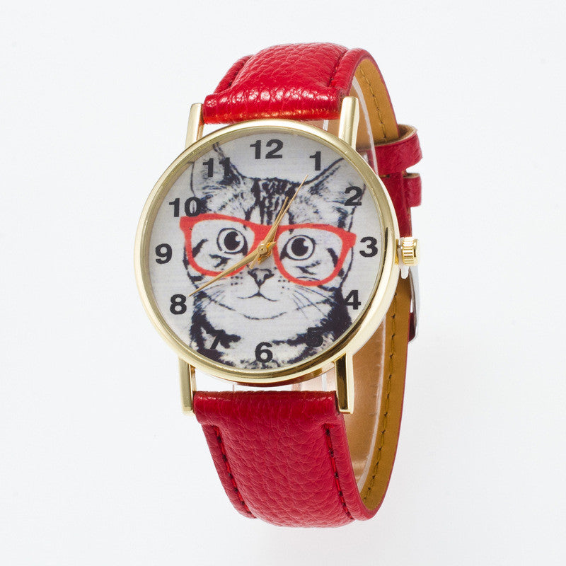 Glasses Cat Face Dial PU Watch