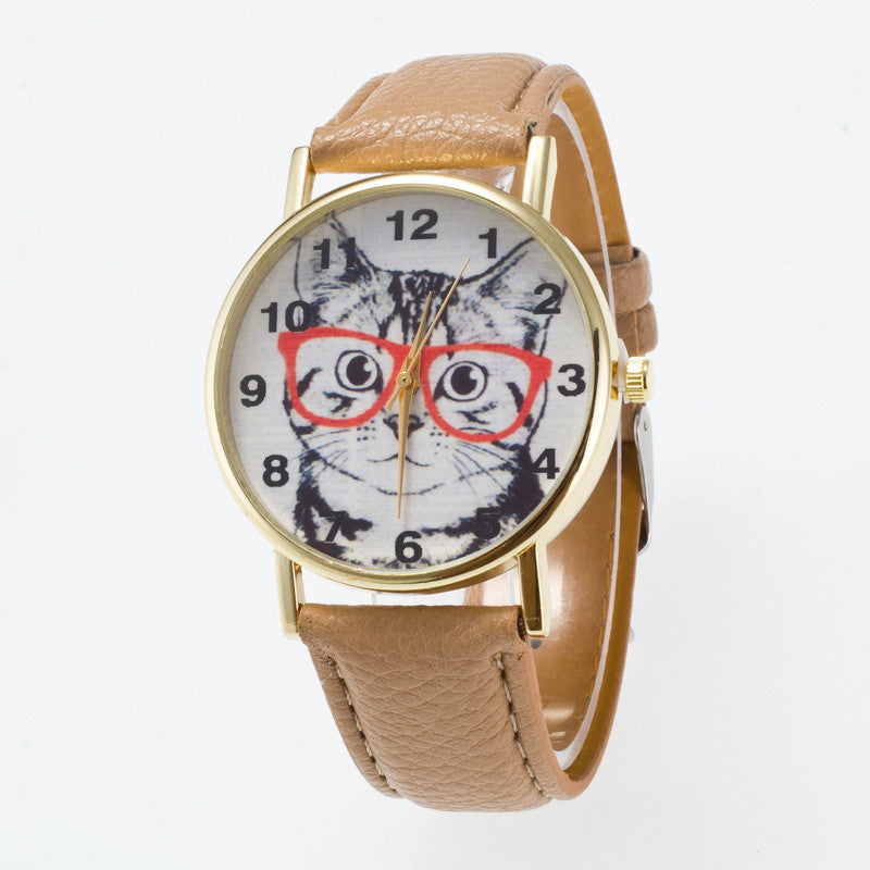 Glasses Cat Face Dial PU Watch