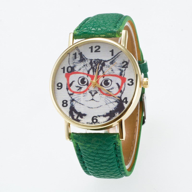 Glasses Cat Face Dial PU Watch