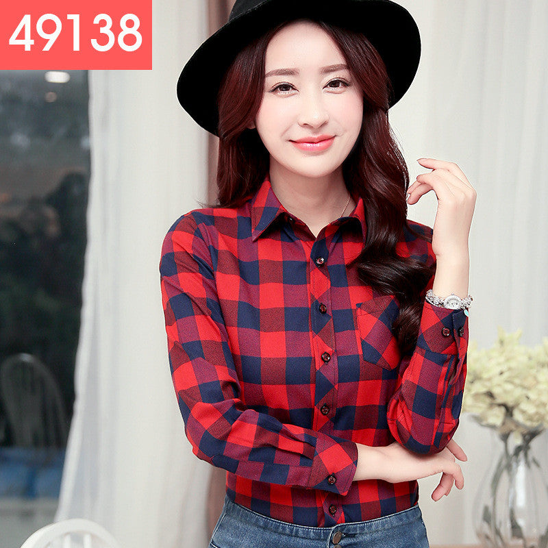 Long Sleeves Slim Plaid Turn-down Collar Flower Print Blouse