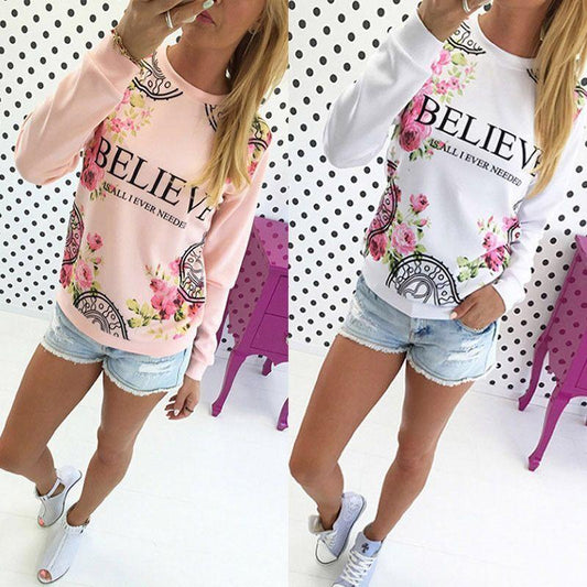 Flower Print Scoop Long Casual Loose Sweatshirt