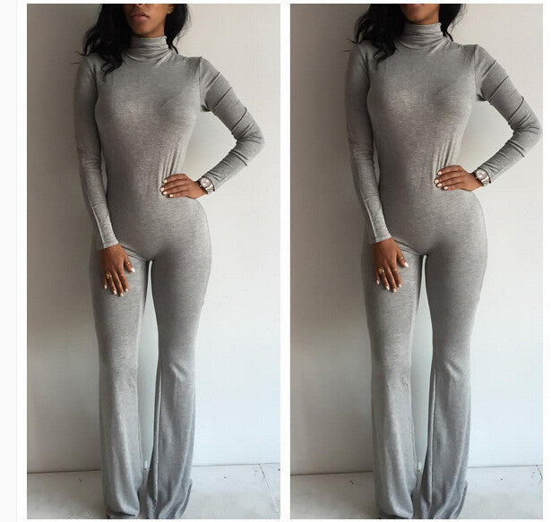 High Neck Long Sleeve Flared Leg Slim Long Jumpsuit