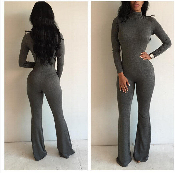 High Neck Long Sleeve Flared Leg Slim Long Jumpsuit