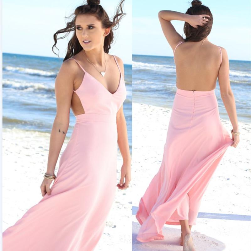 Spaghetti Strap Backless V-neck Sleeveless Long Dress - Meet Yours Fashion - 2