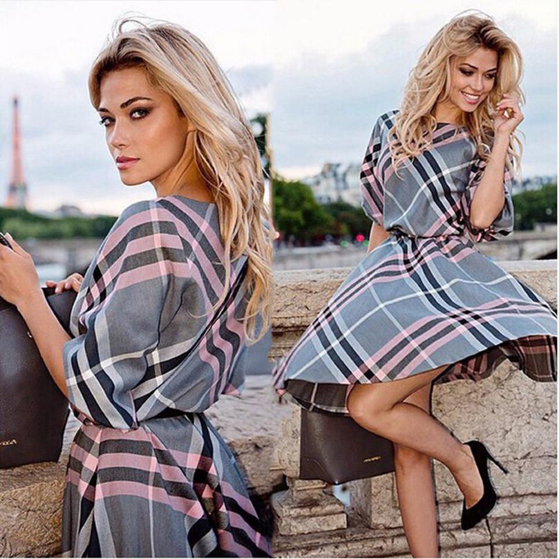 Half Sleeves Plaid Loose Knee-length Dress - Meet Yours Fashion - 1