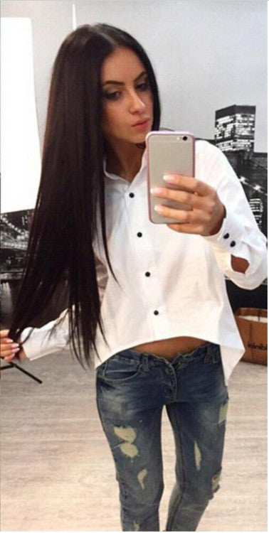 Turn-down Collar Long Sleeves Backless Split Pure Color Blouse