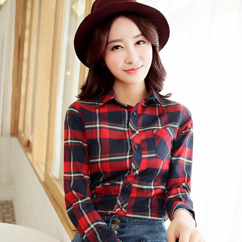 Long Sleeves Slim Plaid Turn-down Collar Flower Print Blouse