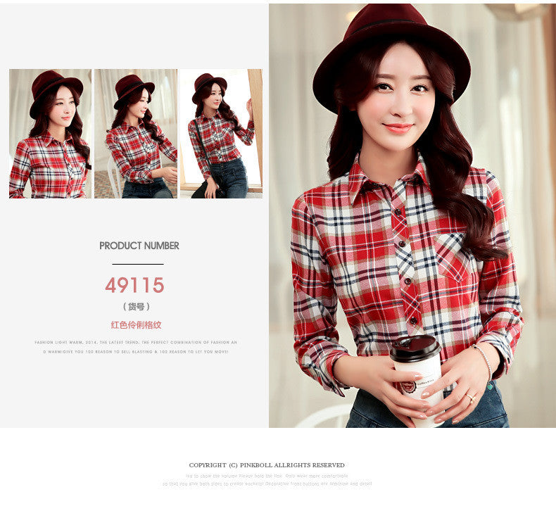 Long Sleeves Slim Plaid Turn-down Collar Flower Print Blouse