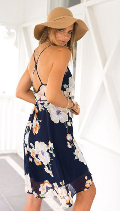 Flower Spaghetti Strap Sleeveless Irregular Knee-Length Dress