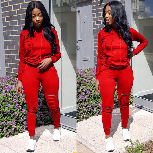 Sports Ripped Drawstring Hoodie Long Sleeve Blouse Pants Sets