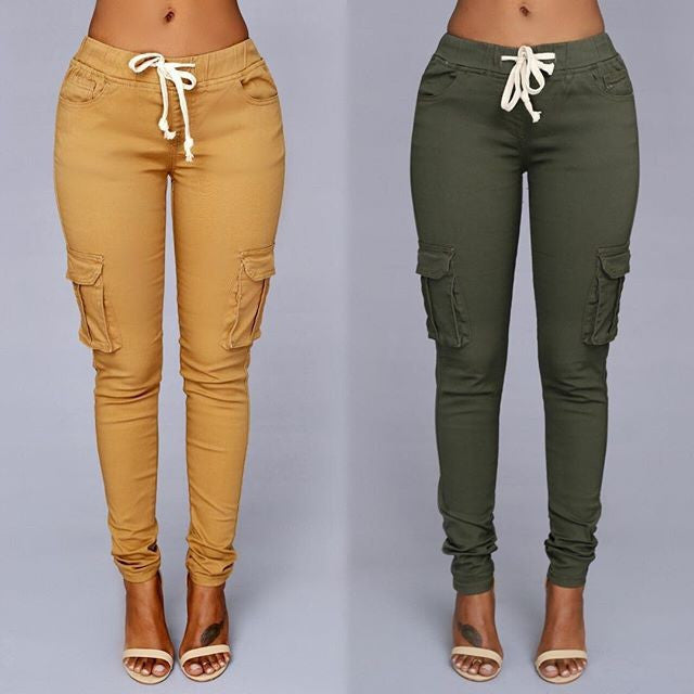 Drawstring Side Pockets High Waist Pure Color Casual Long Pants