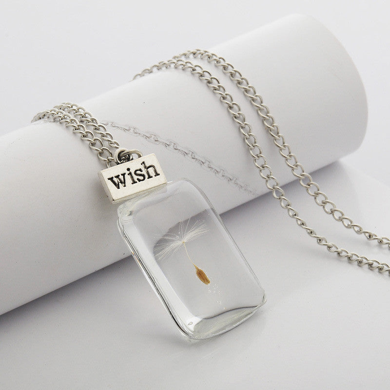 Handmade DIY Natural Dandelion Rectangle Dried flower Time Gem Glass Ball Pendant Necklace