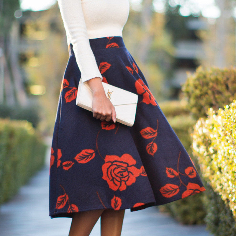 Fashion Rose Print High Waist Flared A-line Skirt