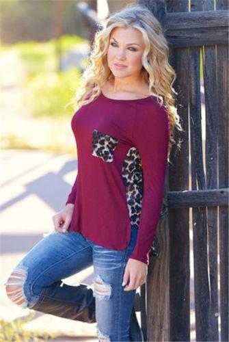 Scoop Leopard Print Long Sleeves Pockets Blouse