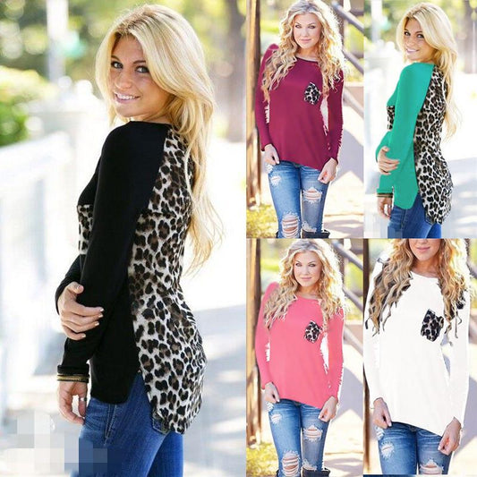 Scoop Leopard Print Long Sleeves Pockets Blouse