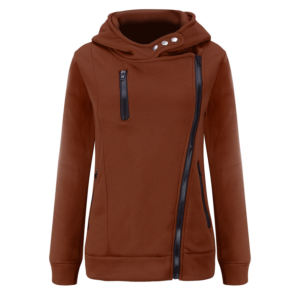 Zippers High Neck Pure Color Slim Hoodie Coat