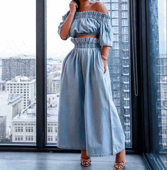 Denim Flapper Loose High Waist Short Sleeve Pants Sets