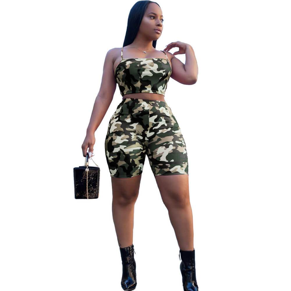 Spaghetti Straps Crop Top Camouflage Shorts Set