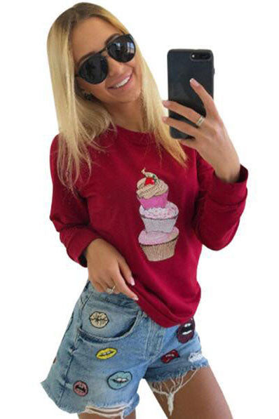 Ice Cream Print Solid Color Slim Sweatshirt