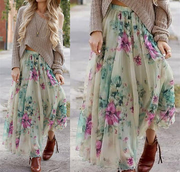 Clearance Bohemian Flower Print Wide Flare Maxi Skirt