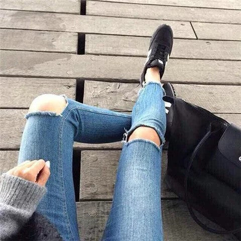 High Waist 9/10 Ripped Big Holes Pencil Blue Jeans