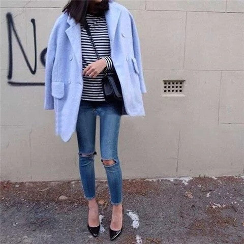 High Waist 9/10 Ripped Big Holes Pencil Blue Jeans