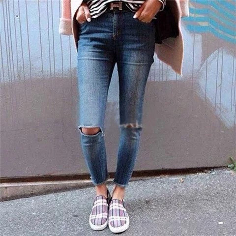 High Waist 9/10 Ripped Big Holes Pencil Blue Jeans